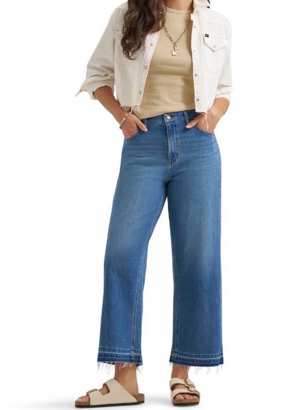 Lee High Rise A Line Crop Jeans 6M Wide Leg Denim Raw Hem Relaxed Fit NWT
